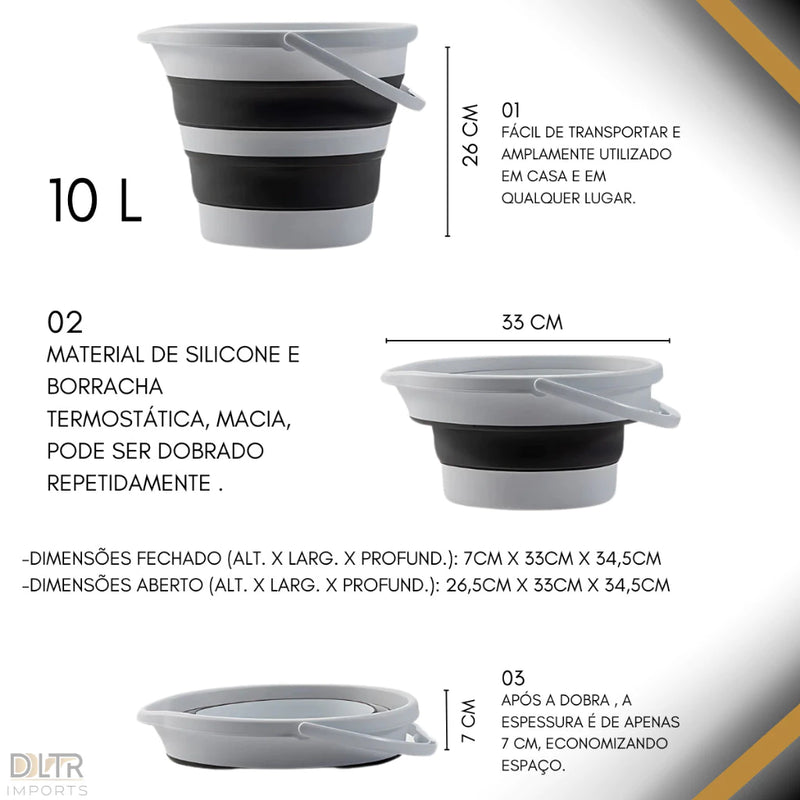 Balde Dobrável Retrátil 10Lt Silicone Plástico Camesa Flexível
