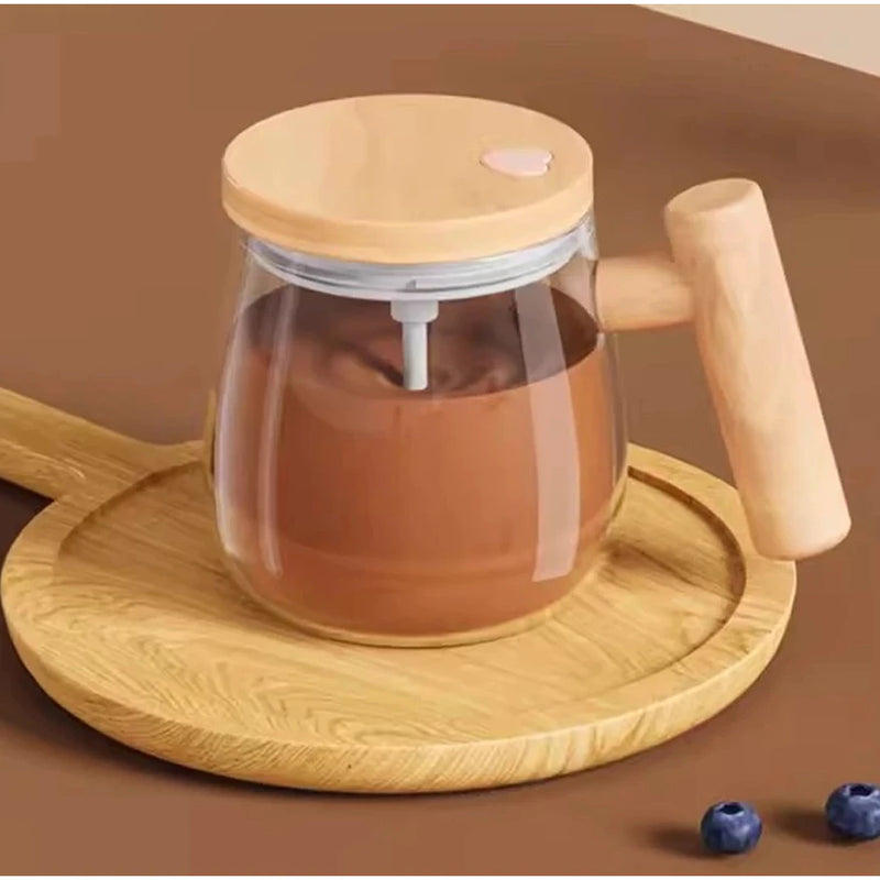 Caneca Auto Agitadora De Café Com Cabo De Madeira 400ml Elétrica