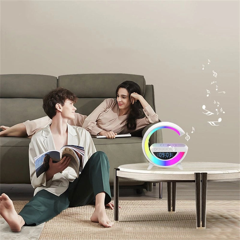 Luminária Rgb Caixa Som G Speaker Carregador Indução Relógio