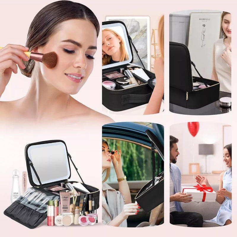 Kit Maleta Maquiagem completo Profissional Com Espelho e Luz Led