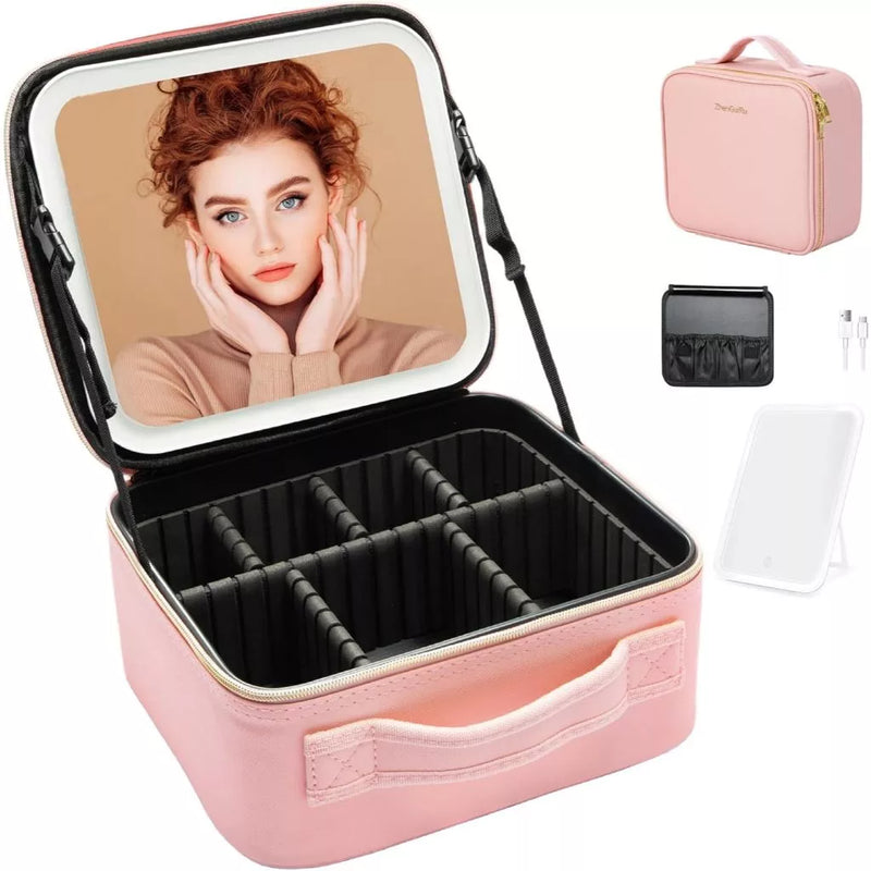 Kit Maleta Maquiagem completo Profissional Com Espelho e Luz Led
