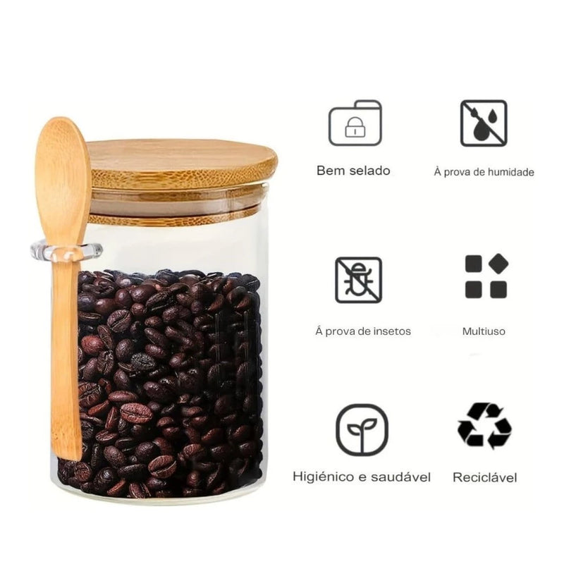 Kit 4 Potes Hermético de Vidro C/ Colher em Bambu 300ml