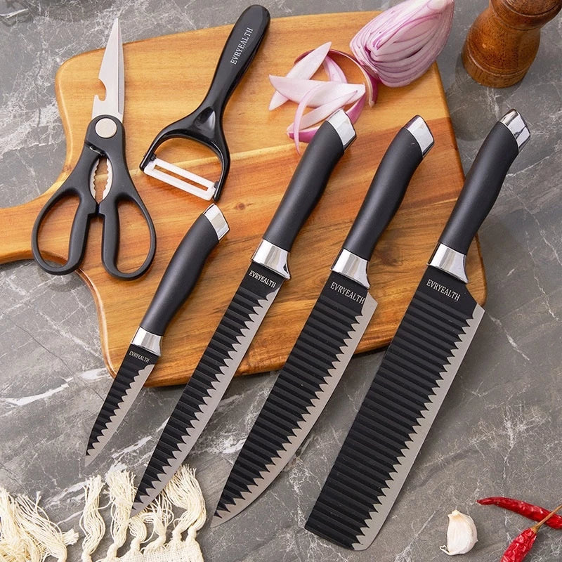 Jogo kit 6 peças Facas Descascador Tesoura e Faca de Churrasco Profissional Antiaderente