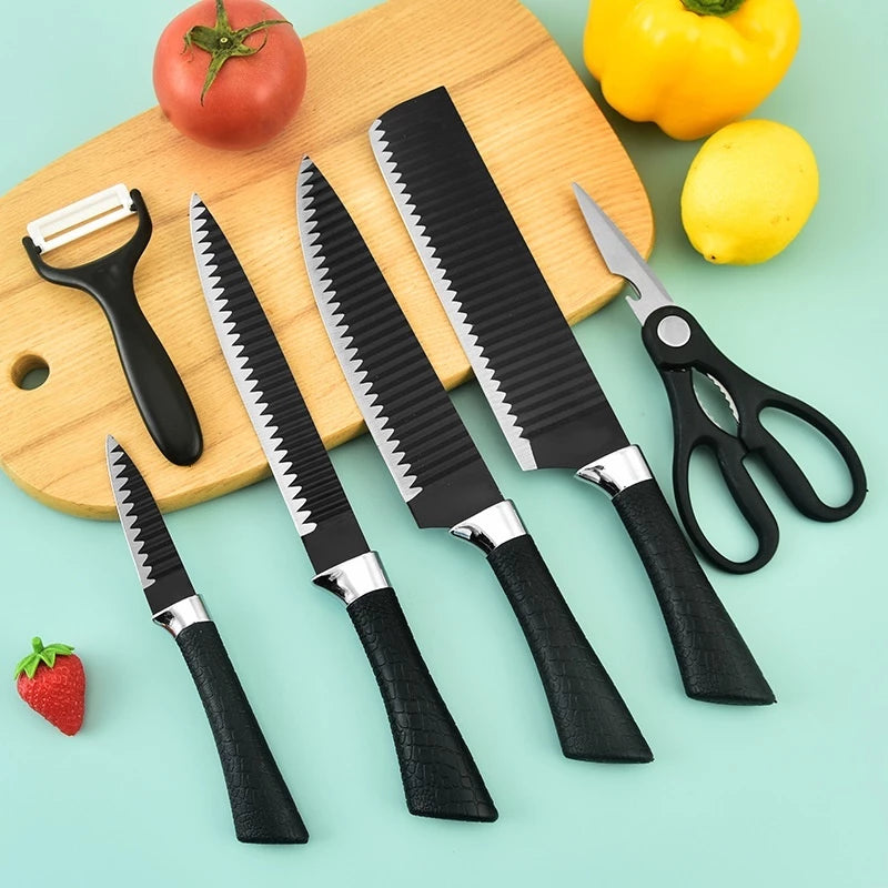 Jogo kit 6 peças Facas Descascador Tesoura e Faca de Churrasco Profissional Antiaderente