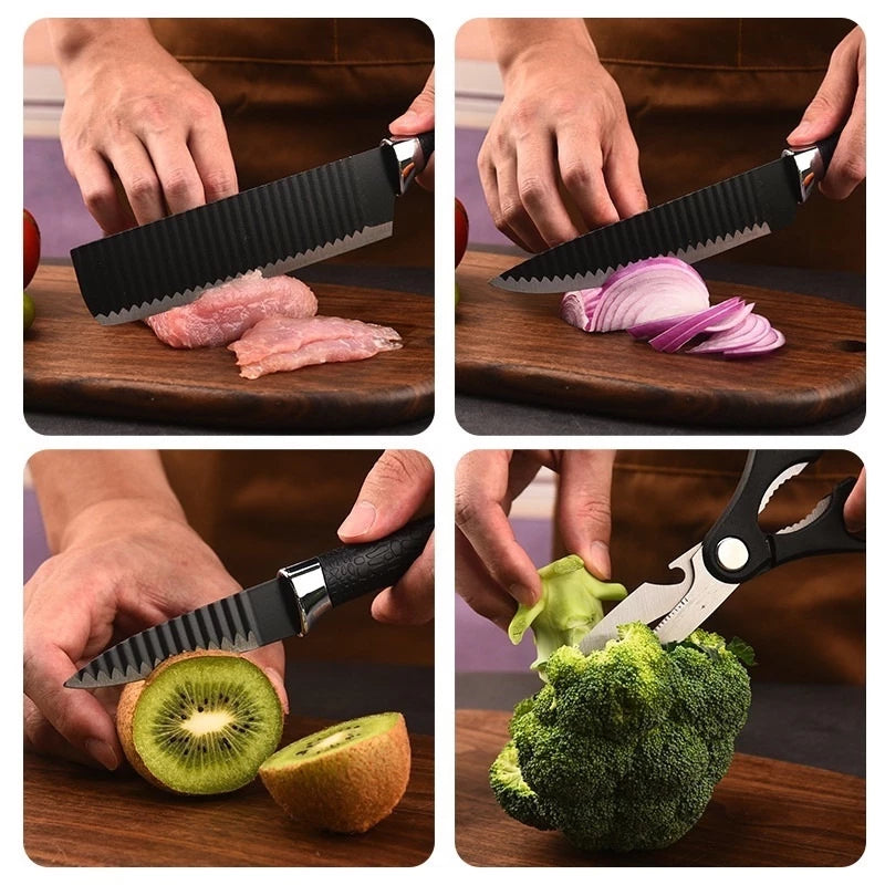 Jogo kit 6 peças Facas Descascador Tesoura e Faca de Churrasco Profissional Antiaderente