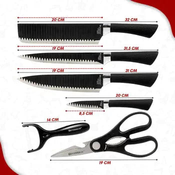 Jogo kit 6 peças Facas Descascador Tesoura e Faca de Churrasco Profissional Antiaderente